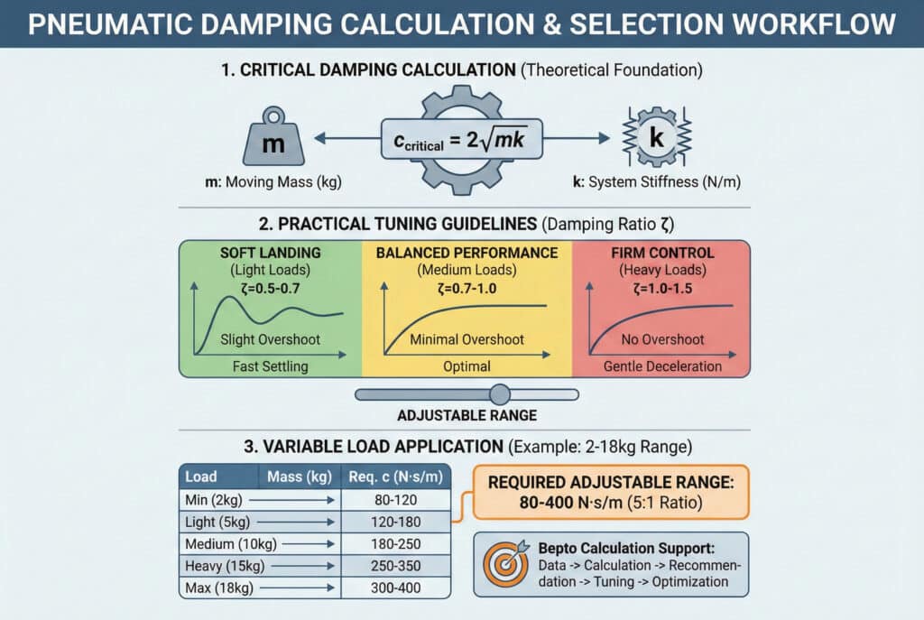 Sveobuhvatna infografika pod nazivom "PNEUMATIC DAMPING CALCULATION & SELECTION WORKFLOW". Gornji odjeljak, "1. CRITICAL DAMPING CALCULATION (Theoretical Foundation)", prikazuje formulu c_critical = 2√(mk) s ikonama za pokretnu masu (m) i krutost sistema (k). Srednji odjeljak, "2. PRAKTIČNI SMJERNICE ZA PODEŠAVANJE (Omjer prigušenja ζ)", prikazuje spektar prigušnih odziva od "MEKOG SLEĆANJA" (lagane opterećenja, ζ=0,5-0,7) do "URAVNOTEŽENIH PERFORMANSI" (srednja opterećenja, ζ=0,7-1,0) i "ČVRSTE KONTROLE" (teška opterećenja, ζ=1.0-1.5), sa odgovarajućim krivuljama odziva. Donji odjeljak, "3. PRIMJENA PROMIJENJIVOG OPTERETENJA (Primjer: raspon od 2-18 kg)", uključuje tabelu koja prikazuje potrebne koeficijente prigušivanja za različita opterećenja i ističe "POTREBAN PODESIVI RASPON: 80-400 N·s/m (omjer 5:1)". Također se spominje "Bepto Calculation Support" sa dijagramom toka procesa.