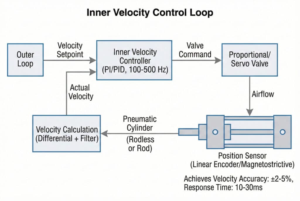 Tehnički blok dijagram "unutarnje petlje kontrole brzine." "Unutarnji regulator brzine (PI/PID, 100-500 Hz)" prima "postavljeni zadatak brzine" iz "vanjske petlje" i povratnu informaciju o "stvarnoj brzini." Pošalje "Komandu za ventil" proporcionalnom/servo ventilu koji reguliše "Protok zraka" do "Pneumatskog cilindra." "Senzor položaja" na cilindru šalje podatke bloku za "Izračun brzine", čime se zatvara petlja. Tekst na dnu navodi: "Postignuta preciznost brzine: ±2-5%, vrijeme odziva: 10-30 ms."