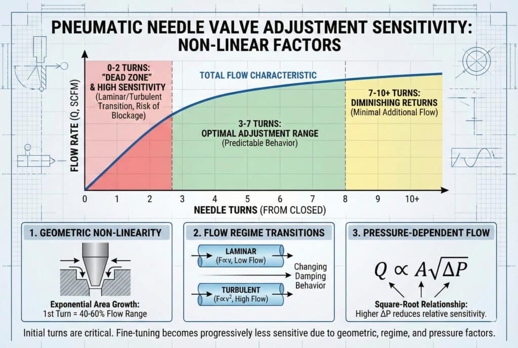 Sveobuhvatna infografika pod naslovom "PNEUMATSKI IGLA-VENTIL: OSJETLJIVOST PRI PODEŠAVANJU: NALINIJSKI FAKTORI". U središnjem grafikonu prikazana je "STOPA PROTOKA (Q, SCFM)" nasuprot "OKRUTIMA IGLE (OD ZATVORENOG STANJA)", ilustrirajući nelinearnu krivu s tri obojene zone: crvenom "0-2 OKRUTA: 'MRTVA ZONA' I VISOKA OSJETLJIVOST", zelenom "3-7 OKRUTA: OPTIMALNI RASPON PODEŠAVANJA", i žutu "7-10+ OKRUTA: OPADajući PRINOSI". Ispod grafikona, tri panela detaljno prikazuju doprinoseće faktore: "1. GEOMETRIJSKA NALINIJARNOST" sa dijagramom iglene ventila koji prikazuje eksponencijalni rast površine, "2. PRELAZI REŽIMA TEKA" koji objašnjavaju laminarni i turbulentni prigušeni tok, i "3. PROTOK ZAVISAN OD PRITISKA" sa jednadžbom protoka kvadratnog korijena $Q \propto A\sqrt{\Delta P}$. U završnoj rečenici se navodi da su početni okretaji ključni za podešavanje.