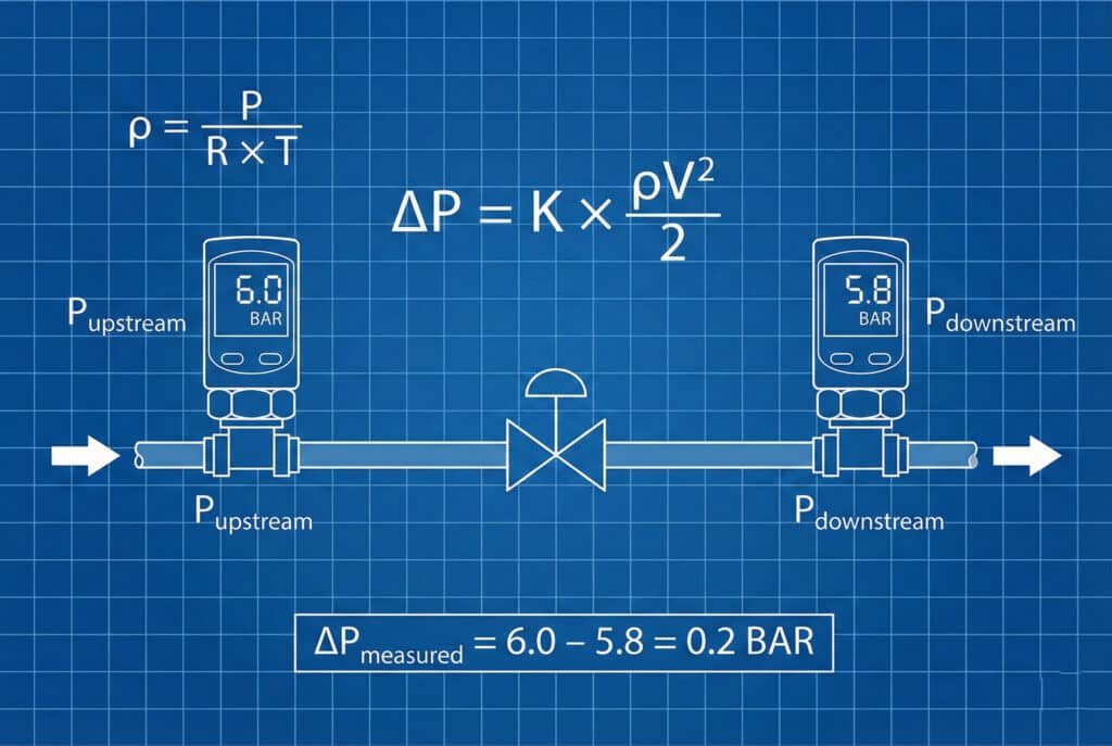 Техническая иллюстрация, показывающая падение давления в пневматическом клапане. Датчики давления перед и после клапана измеряют 6,0 бар и 5,8 бар соответственно. Формула для расчета падения давления, ΔP = K × (ρV²/2), и расчет плотности воздуха, ρ = P/(R × T), отображаются в видном месте. В поле ниже показано рассчитанное измеренное падение давления: ΔP_measured = 6,0 - 5,8 = 0,2 бар.