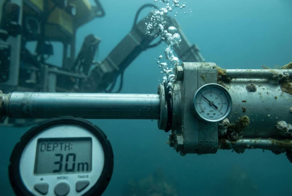 A close-up underwater photograph at 30 meters depth shows a pneumatic cylinder on an ROV arm actively leaking air bubbles from its rod seal, indicating failure due to external water pressure. A digital depth gauge in the foreground confirms the depth.