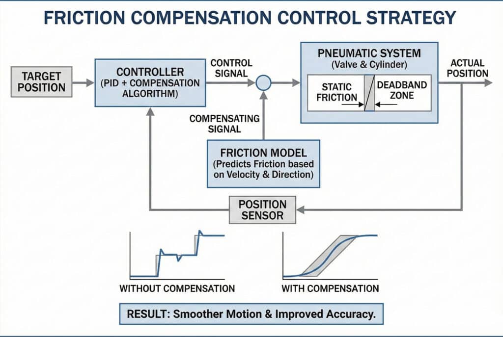 Tehnički blok dijagram pod nazivom "STRATEŠKI KONTROLA KOMPENZACIJE TRENJA." Ilustrira kontrolnu petlju u kojoj "KONTROLER (PID + ALGORITAM KOMPENZACIJE)" prima "CILJANU POZICIJU" i dodaje "KOMPENZACIJSKI SIGNAL" iz "MODELA TRENJA" u "KONTROLNI SIGNAL." Ovaj kombinovani signal upravlja "PNEUMATSKIM SISTEMOM (ventil i cilindar)" pod utjecajem "STATIČKOG TRENJA" i "ZONE MRTVE POVRŠINE". "SENSOR POZICIJE" pruža povratnu informaciju. Dva grafikona ispod prikazuju rezultat: "BEZ KOMPENZACIJE" (trzajući pokret) naspram "S KOMPENZACIJOM" (glatki pokret), uz završni tekstualni okvir koji glasi: "REZULTAT: Glatkiji pokret i poboljšana preciznost."
