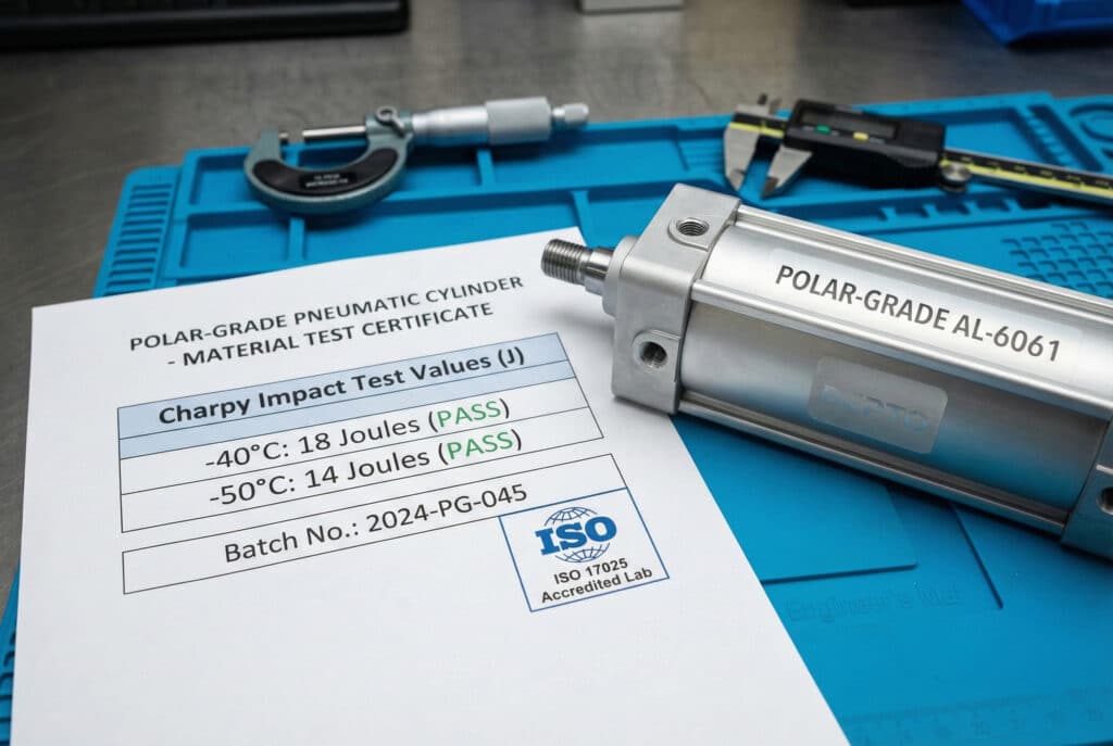 Fotografija Bepto pneumatskog cilindra polarne klase pored certifikata o ispitivanju materijala na radnom stolu. Certifikat izričito navodi prolazne vrijednosti udarnog testa po Charpyju od 18 džula pri -40 °C i 14 džula pri -50 °C, uz sljedivost po seriji i pečate akreditacije ISO 17025.