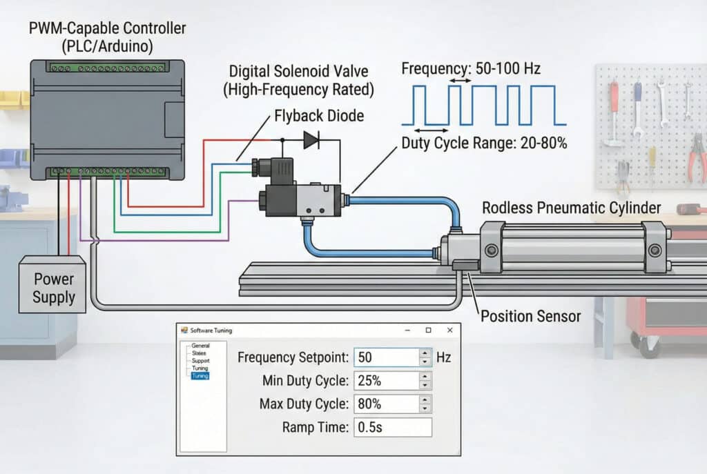 Tehnički dijagram koji prikazuje praktičnu konfiguraciju za PWM pneumatsku kontrolu. PWM-sposoban kontroler (PLC/Arduino) je ožičen na visokofrekventni digitalni solenoidni ventil, koji je zaštićen flyback diodom. Ventil upravlja pneumatskim cilindrom bez klipa, a senzor položaja pruža povratnu informaciju. Prikazan je softverski interfejs za podešavanje sa parametrima postavljenim na frekvenciju od 50 Hz, minimalni ciklus rada od 25%, maksimalni ciklus rada od 80% i vrijeme uzlazne rampe od 0,5 s, u skladu sa najboljim praksama iz teksta.