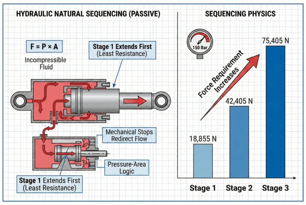 แผนภาพทางเทคนิคที่แสดง "การจัดลำดับตามธรรมชาติด้วยระบบไฮดรอลิก (แบบพาสซีฟ)" แผงด้านซ้ายแสดงภาพตัดขวางของกระบอกสูบแบบยืดหดได้ที่มีเส้นทางไหลของของไหลที่ไม่สามารถบีบอัดได้ อธิบายว่าขั้นตอนที่มีขนาดเล็กที่สุดจะขยายออกก่อนเนื่องจากหลักการทำงานของแรงดันต่อพื้นที่ แผงด้านขวา "ฟิสิกส์ของการจัดลำดับ" แสดงกราฟแท่งที่แสดงความต้องการแรงที่เพิ่มขึ้นสำหรับขั้นตอนที่ 1, 2 และ 3 แสดงให้เห็นว่าทำไมขั้นตอนที่มีแรงต้านทานน้อยที่สุดจึงขยายออกก่อน.