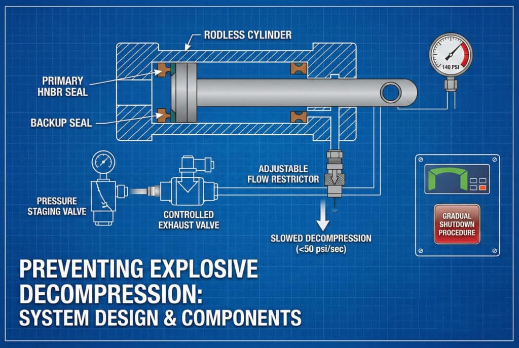 Tehnički dijagram u stilu nacrta koji ilustrira sistem cilindara bez klipa dizajniran da spriječi eksplozivnu dekompresiju. Sadrži primarnu HNBR brtvu, rezervnu brtvu, podesivi protočni ograničivač na izduvnom otvoru za usporavanje dekompresije, kontrolirani izduvni ventil i ventil za fazno podešavanje pritiska, zajedno s upravljačkom pločom za postepeno isključivanje.