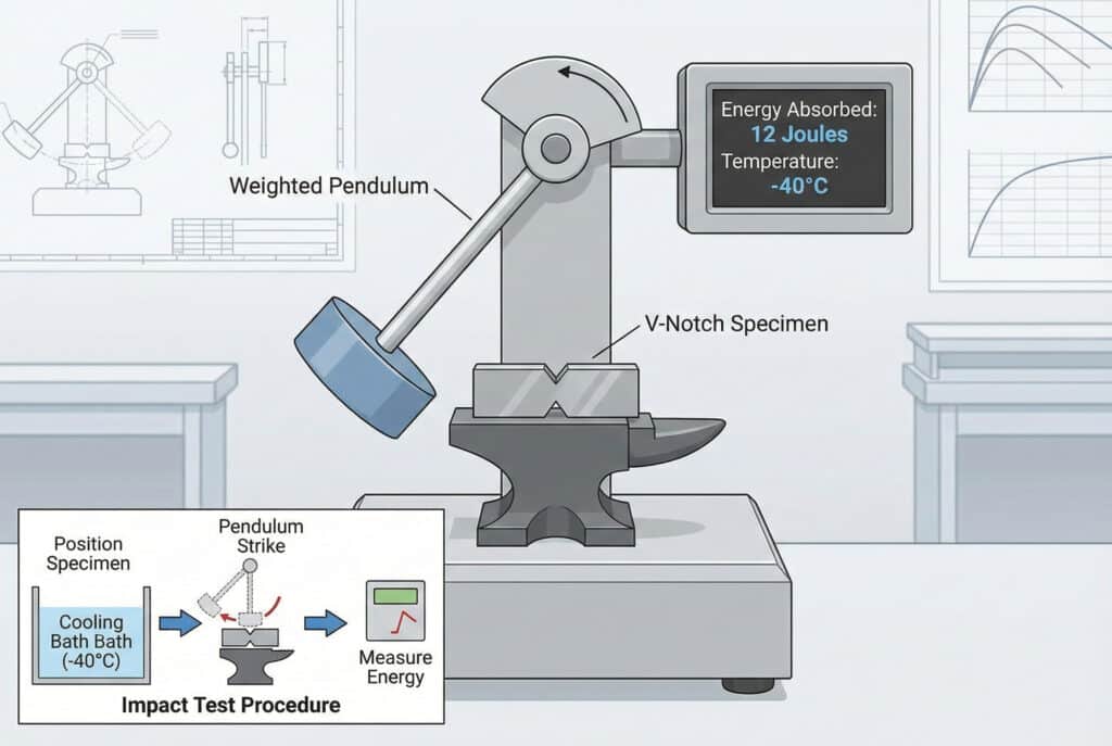 Tehnički dijagram koji ilustrira Charpy test udarnog čvrstoće. Utegom opterećeni klatno je spremno da udari u uzorak s V-rezom na kovačkom čekiću. Digitalni prikaz glasi: "U apsorbovana energija: 12 džula, Temperatura: -40 °C". U umetnutom okviru detaljno je opisana procedura: "Rashladna kupka (-40 °C) -> Postavljanje uzorka -> Udaranje klatna -> Mjerenje energije".