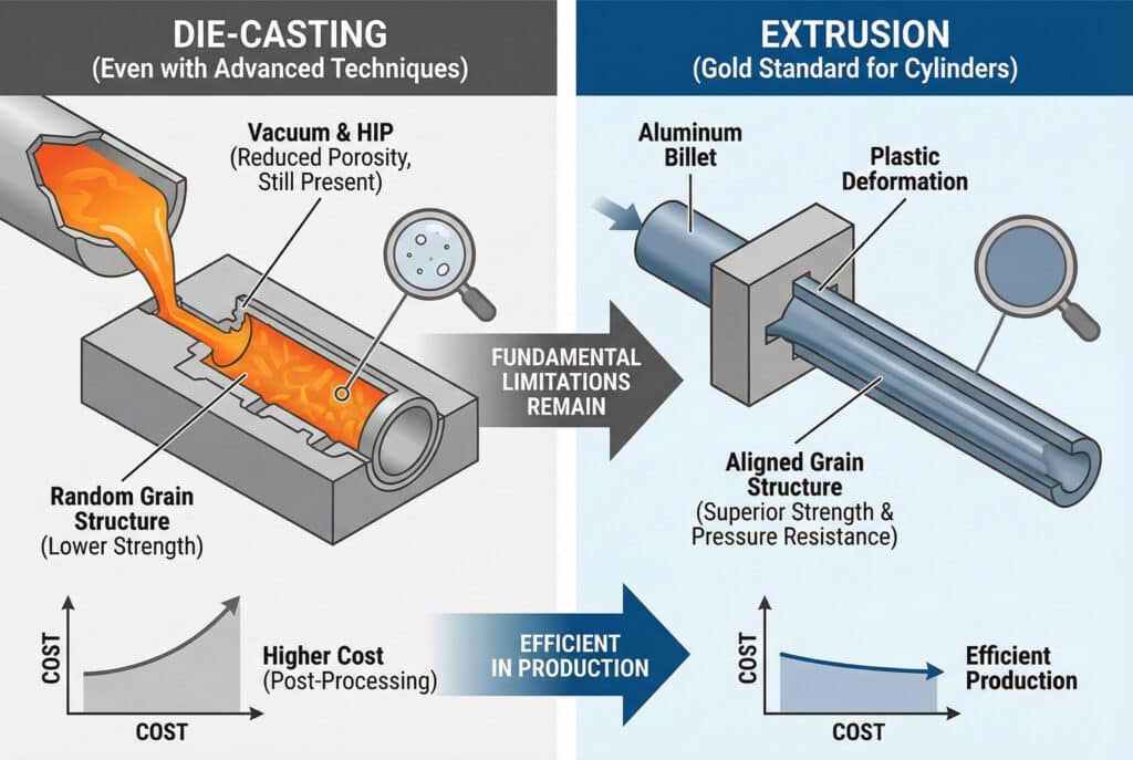 Tehnička infografika koja upoređuje procese livenja pod pritiskom i ekstruzije za cilindrične cijevi. Lijeva strana ilustrira livenje pod pritiskom, s rastopljenim aluminijem u kalupu, ističući smanjenu poroznost i nasumičnu strukturu zrna, što rezultira manjom čvrstoćom i većim troškovima naknadne obrade. Desna strana ilustrira ekstruziju, s biletom koji se gura kroz matricu, prikazujući poravnatu strukturu zrna koja pruža vrhunsku čvrstoću i efikasnu proizvodnju.