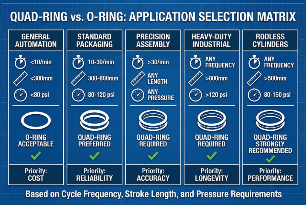 อินโฟกราฟิกหัวข้อ 'แหวนยางสี่วง vs. แหวนยางโอริง: แผนภูมิการเลือกใช้งาน' ซึ่งนำเสนอภาพที่แสดงการแนะนำซีลตามประเภทการใช้งาน ความถี่ของรอบการทำงาน ความยาวของจังหวะ และแรงดัน ตามรายละเอียดในตารางข้อความที่แนบมา.