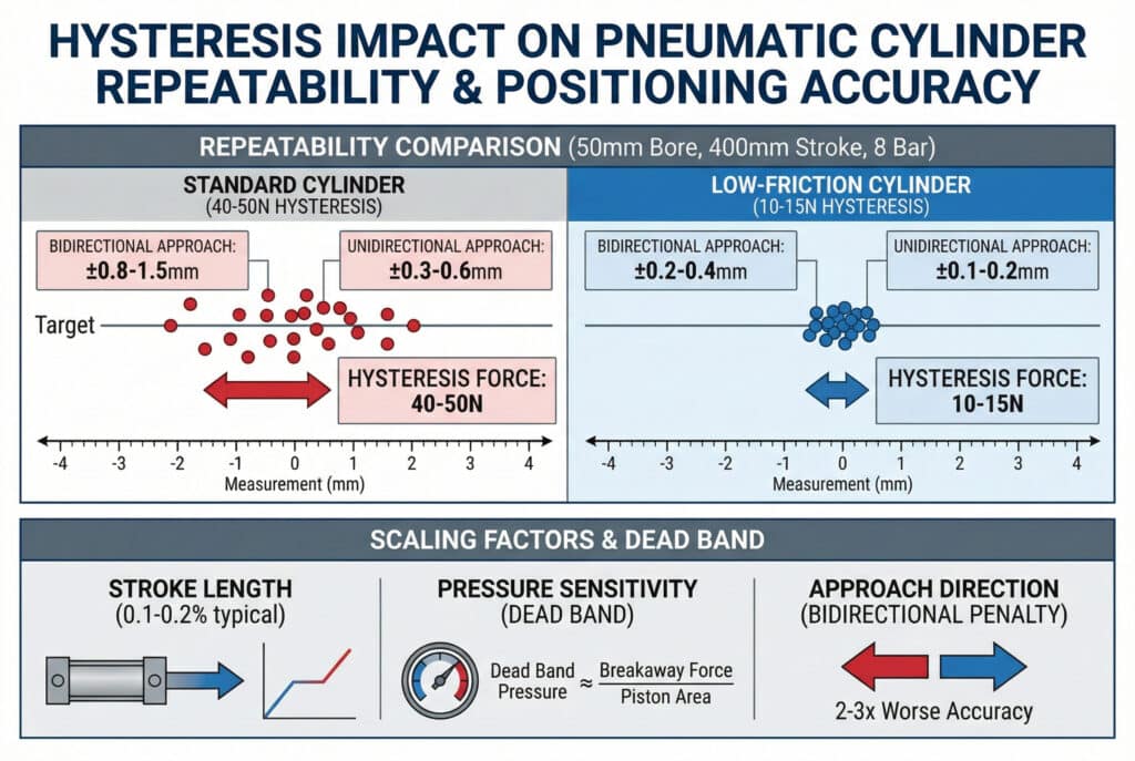 Detaljna tehnička infografika pod naslovom "UTJECAJ HISTEREZE NA POVRATNOST I TOČNOST POZICIONIRANJA PNEUMATSKOG CILINDRA." Gornji dio uspoređuje standardne i nisko-trenje cilindri, pokazujući kako veća sila histereze dovodi do znatno većih pogrešaka u pozicioniranju (raspršeni dijagrami) i za dvosmjerne i za jednostrane pristupe. Donji dio ilustrira faktore skaliranja: "DUŽINA HODANJA" pomoću grafikona, "OSJETLJIVOST NA PRITISAK (MRTVA ZONA)" pomoću mjerača i formule, te "SMJER PRISTUPA (BI-SMJERNA KAZNA)" pomoću dijagrama sa strelicama.