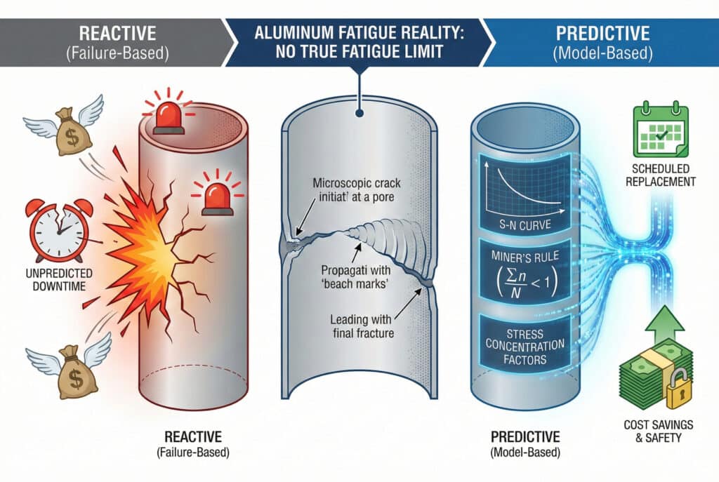 אינפוגרפיקה הממחישה את ההבדל בין תחזוקה תגובתית לתחזוקה חזויית עבור צילינדרים מאלומיניום עקב עייפות חומר. במרכז מוצג תהליך העייפות, החל מהיווצרות סדק מיקרוסקופי ועד לשבר סופי, תוך הדגשת העובדה שלאלומיניום אין גבול עייפות אמיתי. בצד שמאל, תחת הכותרת "תגובתי (מבוסס על כשל)", מוצג פיצוץ פתאומי של הצילינדר, השבתה בלתי צפויה והפסד כספי. הצד הימני, שכותרתו "מניעתי (מבוסס מודל)", מציג את השימוש בעקומות S-N, חוק מינר וגורמי ריכוז מאמץ כדי לאפשר החלפה מתוכננת, מה שמביא לחיסכון בעלויות ולבטיחות.