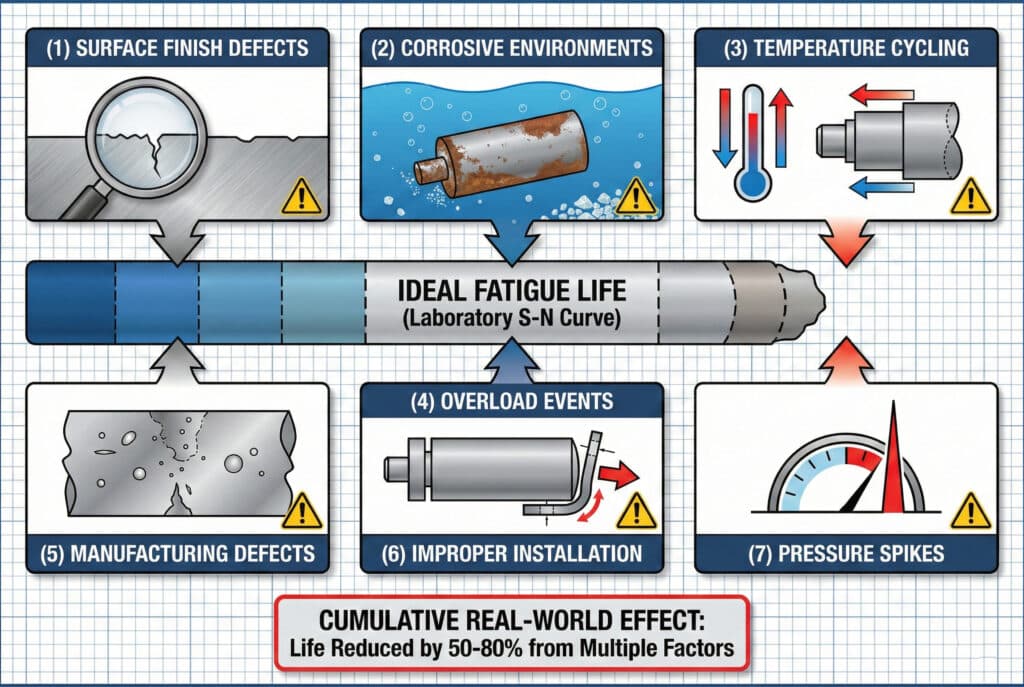אינפוגרפיקה טכנית הממחישה שבעה גורמים אמיתיים המפחיתים את "אורך החיים האידיאלי (עקומת S-N במעבדה)" של רכיב, המיוצג על ידי פס כחול מרכזי. חצים משבעה לוחות מסביב מצביעים על פס זה ומקצרים אותו. הלוחות העליונים הם "(1) פגמים בגימור פני השטח" עם זכוכית מגדלת מעל סדק, "(2) סביבות קורוזיביות" עם צילינדר חלוד בנוזל, ו-"(3) מחזורי טמפרטורה" עם מדחומים חמים/קרים וחצים המציינים התפשטות/התכווצות. הלוחות התחתונים הם "(5) פגמים בייצור" המציגים נקבוביות פנימיות, "(6) התקנה לא נכונה" עם תושבת הרכבה מכופפת, ו-"(7) עליות לחץ" עם מד לחץ בשיא. הלוח המרכזי התחתון הוא "(4) אירועי עומס יתר" המציג צילינדר מכופף. בפס התחתון מופיע כיתוב אדום: "השפעה מצטברת בעולם האמיתי: קיצור חיים ב-50-80% כתוצאה מגורמים מרובים". בכל הלוחות מופיעים סמלי משולש אזהרה.