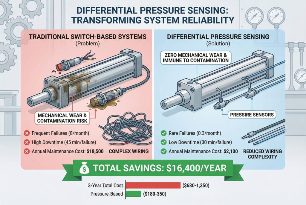 Infografika koja uspoređuje tradicionalne sisteme zasnovane na prekidačima sa diferencijalnim senzorom tlaka za cilindar. Lijeva strana, označena kao "TRADICIONALNI SISTEMI ZASNOVANI NA PREKIDAČIMA (Problem)", prikazuje prljavi cilindar s oštećenim vanjskim prekidačima i složenim ožičenjem, ističući visoke stope kvarova, vrijeme zastoja i godišnji trošak održavanja od $18,500. Desna strana, označena kao "DETEKCIJA DIFERENCIJALNOG PRITISKA (Rješenje)," prikazuje čist cilindar sa senzorima pritiska i smanjenim ožičenjem, naglašavajući nultu mehaničku habanje, imunitet na kontaminaciju, niske stope kvarova i godišnji trošak održavanja od $2,100. Banner na dnu označava "UKUPNA UŠTEDA: $16,400/GODIŠNJE", a stupčasti dijagram prikazuje znatno niži ukupni trošak za tri godine za sistem zasnovan na pritisku u poređenju sa sistemom zasnovanim na prekidačima.