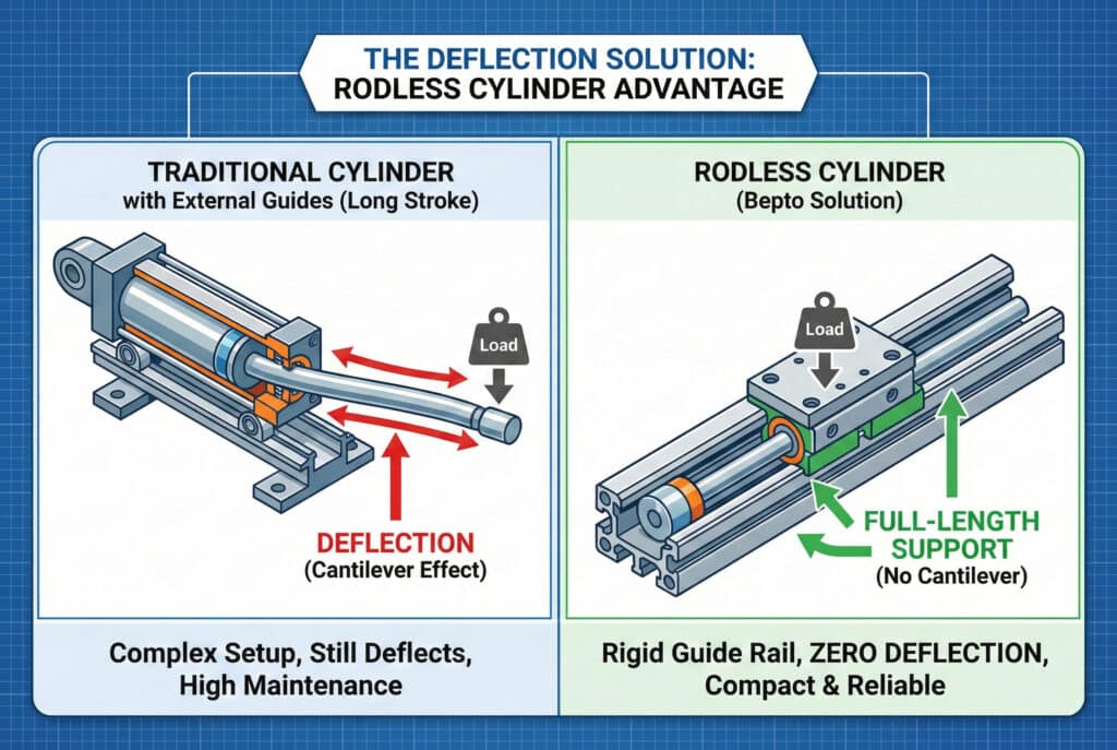 Tehnička infografika koja upoređuje tradicionalni cilindar sa vanjskim vodilicama i Bepto cilindar bez klipa. Lijevi panel prikazuje tradicionalni cilindar sa dugom, savijenom klipnjačom pod opterećenjem, ilustrirajući savijanje zbog kantilever efekta. Desni panel prikazuje cilindar bez klipa sa kolicima za opterećenje u potpunosti poduprtim čvrstom vodilicom, demonstrirajući nultu deformaciju. Glavni naslov glasi: "RJEŠENJE ZA ODSTUPANJE: PREDNOST CILINDRA BEZ ČIJA".