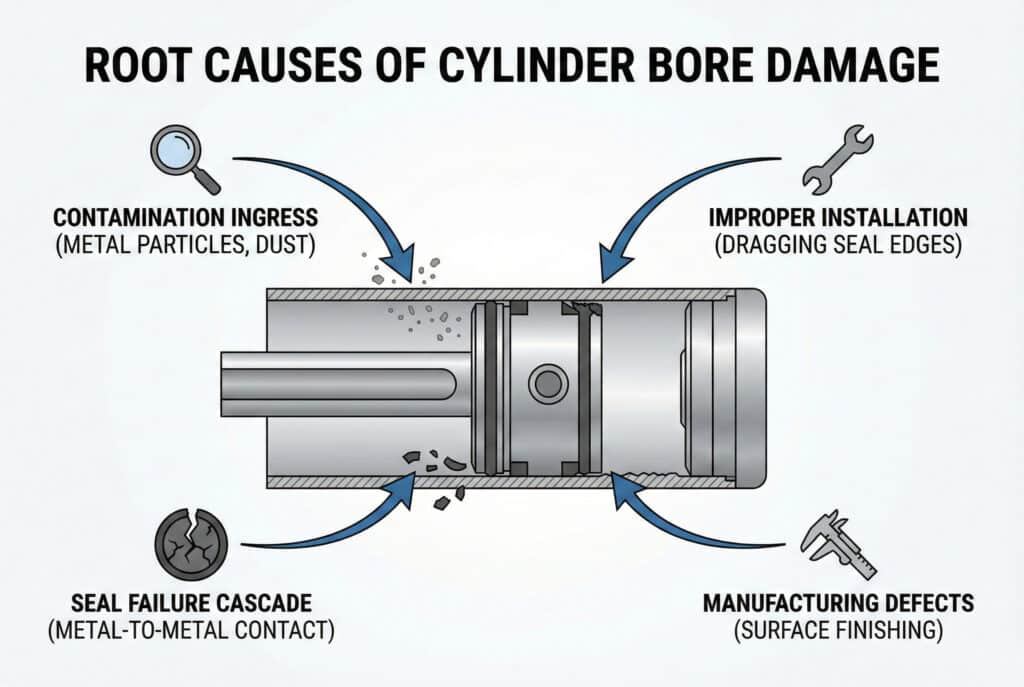 Tehnički dijagram koji ilustrira četiri glavna korijenska uzroka oštećenja cilindra. Prikazana je središnja poprečna presjeka cilindra i klipa sa strelicama koje upućuju na specifične probleme: prodiranje nečistoća (čestice metala, prašina), nepravilna ugradnja (vučenje ivica brtve), kaskada kvara brtve (kontakt metal-na-metal) i proizvodni nedostaci (obradna završna obrada). Glavni naslov glasi "KORIJENSKI UZROCI OŠTEĆENJA CILINDRA".
