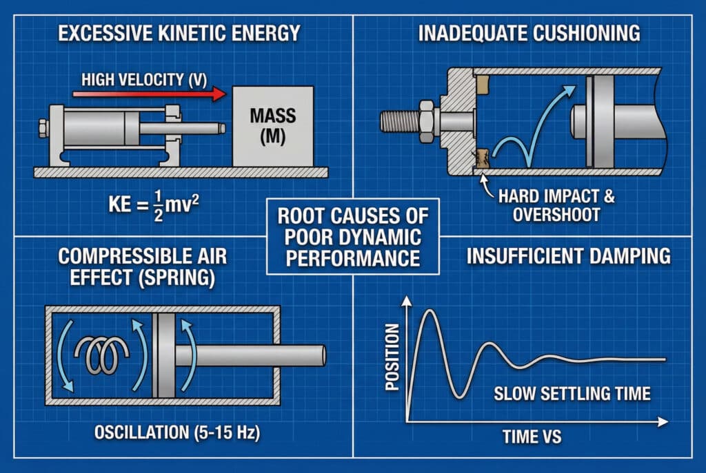 Tehnički dijagram podijeljen na četiri plava panela koji detaljno prikazuju "OSNOVNE UZROKE SLOBOBNE DINAMIČKE PERFORMANSE" u pneumatskim cilindarima. Gornji lijevi panel, "PREVIŠE KINETIČKE ENERGIJE", prikazuje cilindar koji pomjera masu s "VISOKOM BRZINOM" i formulu "KE = ½mv²". Gornji desni panel, "NEDOVOLJNO AMORTIZIRANJE", ilustrira klip koji uzrokuje "SNAŽAN UDARAC I PRELAZAK" zbog istrošenog amortizera. Na donjoj lijevoj strani, "EFEKT KOMPRESIVNOG ZRAKA (PRUŽINA)", prikazuje oscilaciju unutar cilindra pri čemu zrak djeluje kao opruga. Na donjoj desnoj strani, "NEDOVOLJNO PRGUŠENJE", prikazuje grafikon "POZICIJA PROTIV VREMENA" koji pokazuje "SPORO SLEGANJE" nakon odskoka.