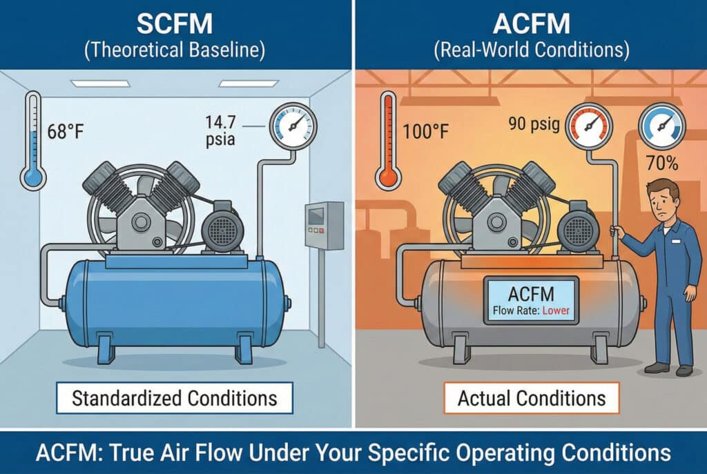 Tehnička ilustracija s podijeljenim panelom koja na lijevoj strani uspoređuje SCFM (teorijska referentna vrijednost), prikazujući kompresor pod standardnim uvjetima od 68°F i 14,7 psia. Na desnoj strani, ACFM (uvjeti u stvarnom svijetu) prikazuje isti kompresor u vrućem tvorničkom okruženju s tehničarom, ukazujući na nižu brzinu protoka zbog stvarnih uvjeta od 100°F, 90 psig i vlažnosti 70%. Glavni naslov glasi: "ACFM: Pravi protok zraka pod vašim specifičnim radnim uvjetima."