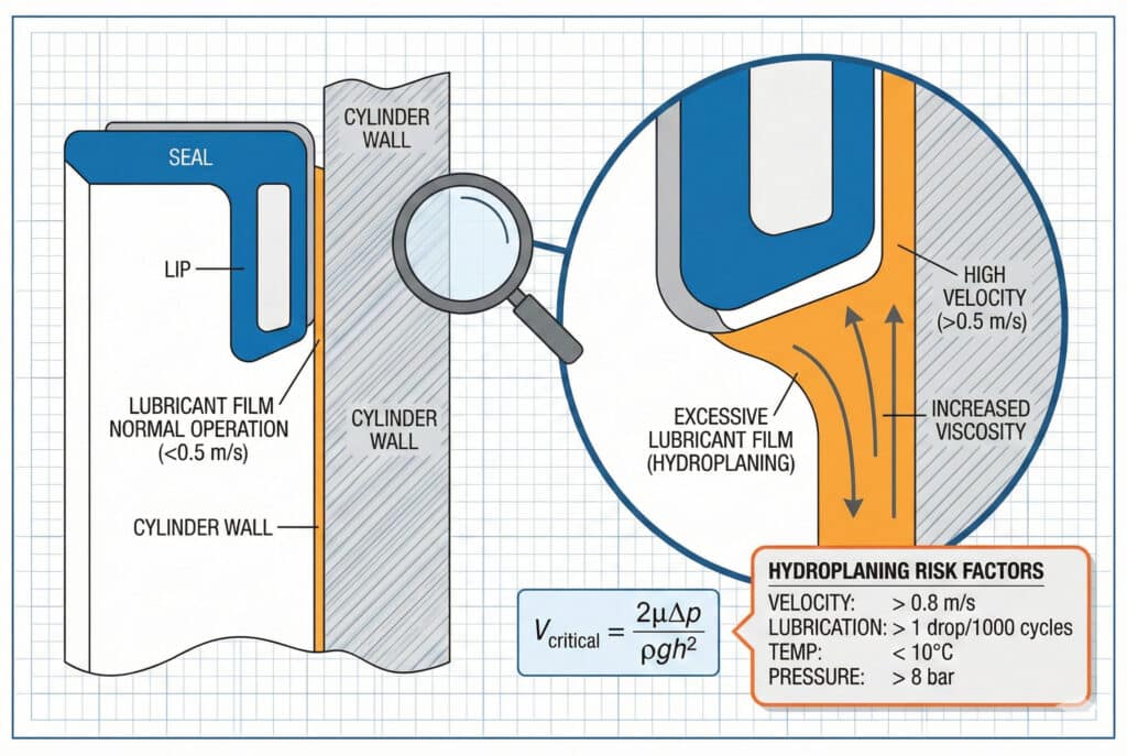 Tehnički inženjerski dijagram koji ilustrira mehaniku hidroplaniranja brtve. On kontrastira normalno funkcionisanje brtve s tankim slojem maziva i uvećani prikaz hidroplaniranja, gdje prekomjerni sloj maziva, velika brzina (>0,5 m/s) i povećana viskoznost uzrokuju da se usna brtve odvoji od zida cilindra. Dijagram uključuje formulu za izračun kritične brzine i specifičnu listu faktora rizika od hidroplaniranja.