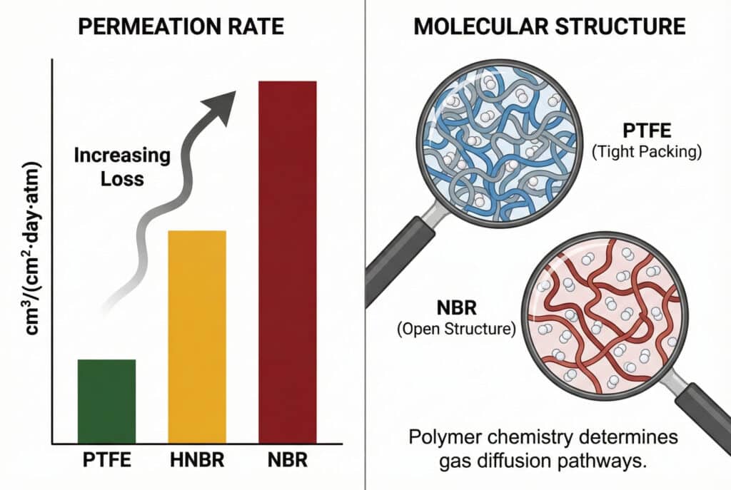 Tehnička infografika s podijeljenim ekranom koja uspoređuje materijale brtvila. Lijeva strana je stupacni grafikon pod nazivom 'STOPA PERMEACIJE' koji prikazuje PTFE s najnižom stopom (zelena), HNBR (žuta) i NBR s najvišom stopom (crvena), označavajući 'Povećani gubitak'. Desna strana, pod nazivom 'MOLEKULARNA STRUKTURA', prikazuje dva uvećana kruga koja ilustriraju gusto pakovanje PTFE-a koje blokira plin i otvorenu strukturu NBR-a koja omogućuje difuziju plina.