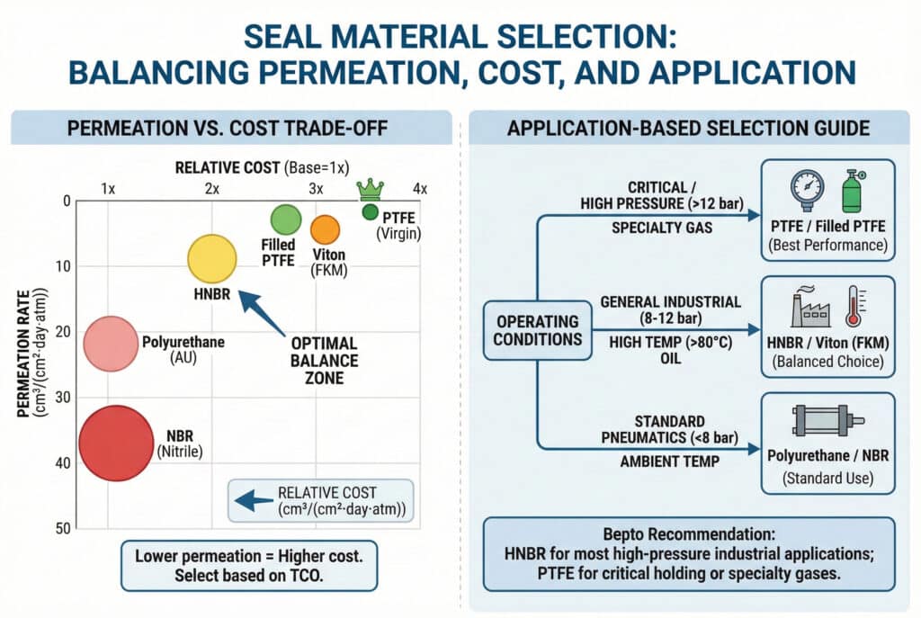 Sveobuhvatni infografički vodič za odabir materijala brtvi, uz balansiranje permeacije, troškova i primjene. Lijevi panel je dijagram raspršenja koji ilustrira kompromis između troškova i permeacije kod materijala poput PTFE-a i HNBR-a. Desni panel je dijagram toka koji pruža preporuke za primjenu u kritičnim, općim i standardnim pneumatskim uvjetima. Okvir sa sažetkom nudi Beptoove specifične preporuke materijala.