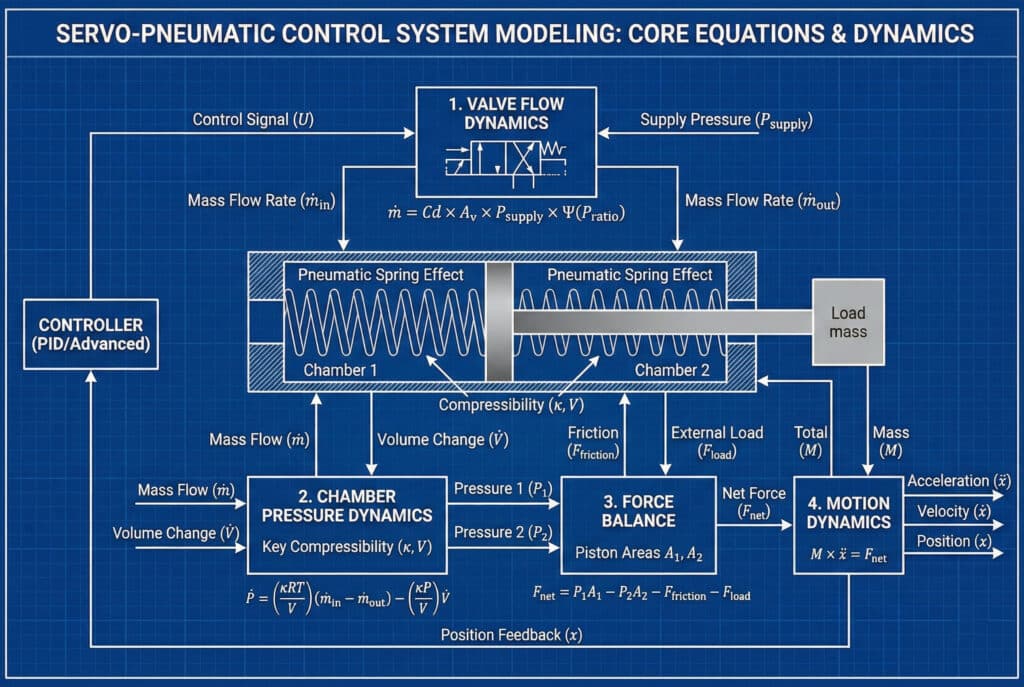 แผนภาพบล็อกทางเทคนิคที่แสดงระบบย่อยหลักสี่ระบบของแบบจำลองการควบคุมแบบเซอร์โว-นิวเมติก: พลศาสตร์การไหลของวาล์ว, พลศาสตร์ความดันของห้อง, สมดุลแรง, และพลศาสตร์การเคลื่อนที่ แสดงให้เห็นตัวควบคุมส่งสัญญาณไปยังวาล์ว ซึ่งควบคุมการไหลของมวลเข้าสู่กระบอกสูบที่มีอากาศอัดได้ (สปริงนิวเมติก) แรงดันที่เกิดขึ้นสร้างแรงสุทธิซึ่งขับเคลื่อนมวลของโหลดตามกฎข้อที่สองของนิวตัน โดยมีการป้อนกลับตำแหน่งเพื่อทำให้วงจรสมบูรณ์ สมการเชิงอนุพันธ์ที่สำคัญสำหรับแต่ละระบบย่อยได้รวมไว้อย่างชัดเจนในแผนภาพ.