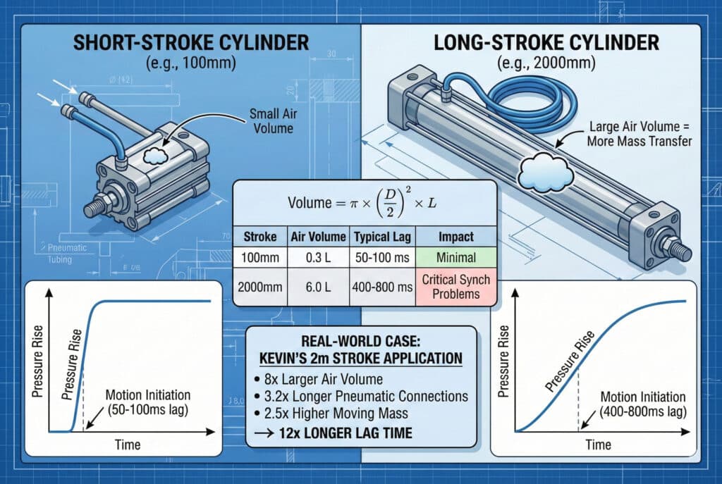 Infografika koja upoređuje privremeni pritisak kod pneumatskih cilindara kratkog hoda (100 mm) i dugog hoda (2000 mm). Vizuelno prikazuje da cilindri dugog hoda imaju veći unutrašnji volumen zraka, što dovodi do znatno sporijeg rasta pritiska i odgođenog pokretanja kretanja (zadiranje od 400-800 ms) u poređenju sa cilindrima kratkog hoda (zadiranje od 50-100 ms). Tabela s podacima i okvir sa studijom slučaja iz stvarnog svijeta ističu kako složeni faktori u primjenama sa dugim hodom mogu rezultirati 12 puta dužim vremenima kašnjenja.