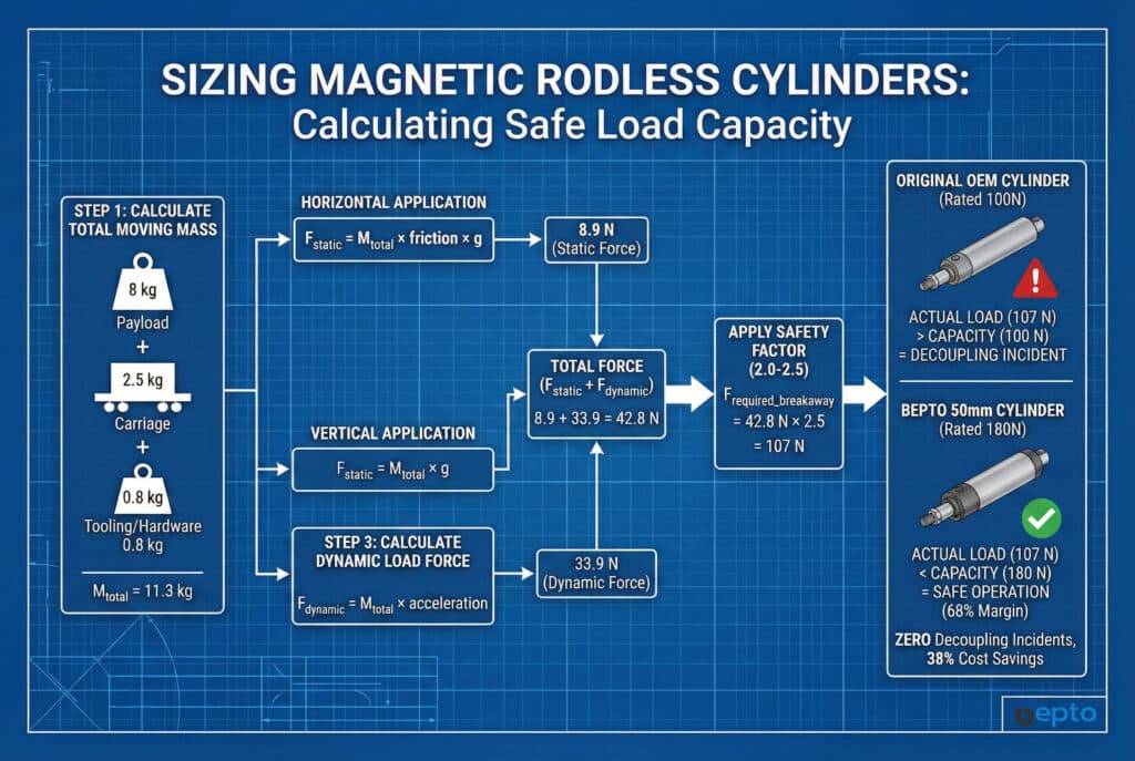 אינפוגרפיקה טכנית הממחישה את תהליך החישוב בן ארבעת השלבים לקביעת גודל צילינדרים מגנטיים ללא מוט, באמצעות דוגמה של קו ייצור תרופות. היא מחשבת מסה נעה כוללת של 11.3 ק"ג, משלבת חיכוך סטטי (8.9 N) וכוחות תאוצה דינמיים (33.9 N), ומחילה מקדם בטיחות של 2.5 כדי לקבוע כוח פריצה נדרש של 107 N. האיור משווה בין צילינדר OEM קטן מדי (בדירוג 100 N) שחווה ניתוק, לבין צילינדר Bepto בגודל מתאים (בדירוג 180 N) הפועל בבטחה עם מרווח של 68%.