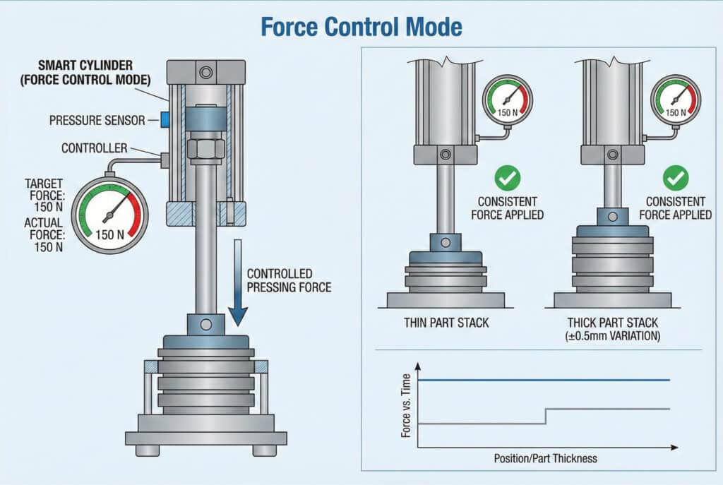 Tehnički dijagram koji ilustrira "Način kontrole sile" u industrijskoj montažnoj preši. S lijeva, pametni pneumatski cilindar s senzorom tlaka i kontrolerom primjenjuje kontroliranu silu na sloj komponenti. Manometr prikazuje "Ciljana sila: 150 N, Stvarna sila: 150 N." Desna ploča prikazuje istu postavku primijenjenu na "Stog tankih dijelova" i "Stog debelih dijelova", pri čemu manometr dosljedno pokazuje 150 N. Grafikon ispod prikazuje "Sila naspram vremena", s linijom konstantne sile unatoč promjeni "Pozicije/Debljine dijela."