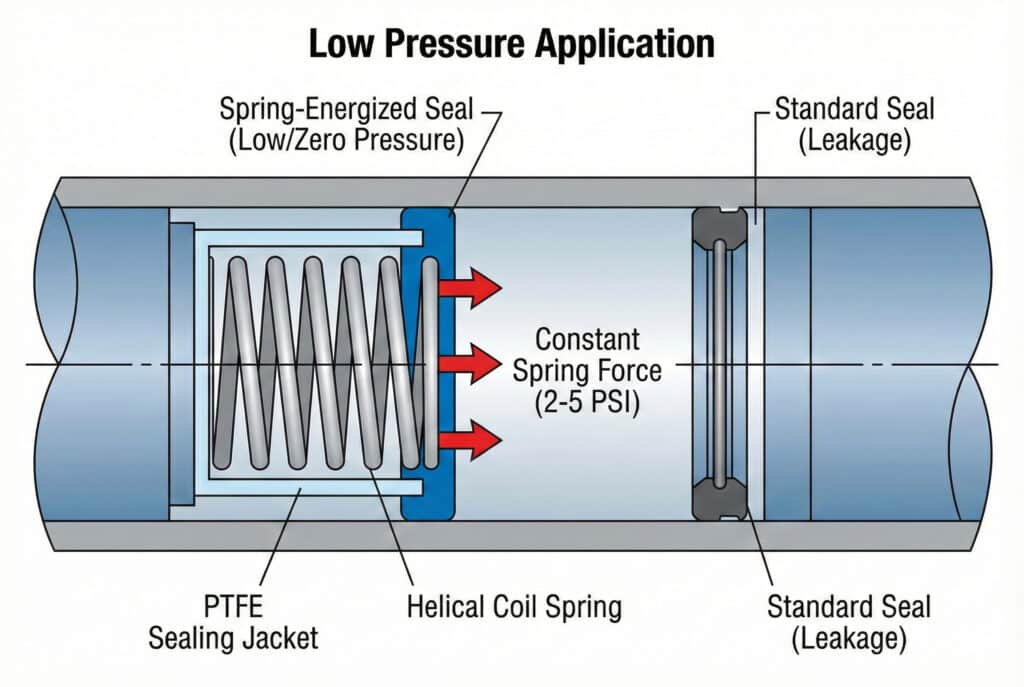 Tehnički dijagram poprečnog presjeka koji ilustrira kako brtva napajana oprugom koristi unutrašnju spiralnu oprugu kako bi održala stalnu brtvenu silu od 2–5 PSI i spriječila curenje u primjenama niskog pritiska, u kontrastu sa standardnom brtvom koja propušta.