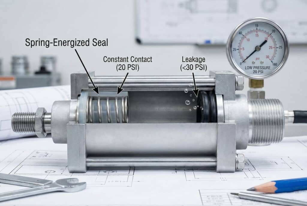 Diagramă secționată care ilustrează diferența de performanță între o garnitură standard cu scurgeri și o garnitură fiabilă cu arc în interiorul unui cilindru pneumatic în condiții de presiune scăzută (20 PSI).