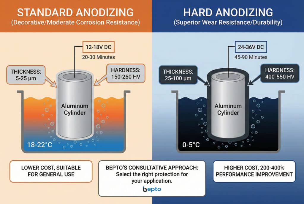 อินโฟกราฟิกนี้เปรียบเทียบกระบวนการชุบอโนไดซ์แบบมาตรฐานและแบบแข็งสำหรับกระบอกอลูมิเนียมอย่างชัดเจน โดยระบุรายละเอียดความแตกต่างของอุณหภูมิของน้ำยา (18-22°C เทียบกับ 0-5°C) แรงดันไฟฟ้า (12-18V เทียบกับ 24-36V), เวลาในการประมวลผล (20-30 นาที เทียบกับ 45-90 นาที), ความหนาของชั้นเคลือบที่ได้ (5-25 µm เทียบกับ 25-100 µm), และความแข็ง (150-250 HV เทียบกับ 400-550 HV) แผงด้านซ้ายแนะนำให้ใช้การชุบอโนไดซ์มาตรฐานสำหรับการใช้งานทั่วไปเนื่องจากมีต้นทุนต่ำกว่า ในขณะที่แผงด้านขวาแนะนำให้ใช้การชุบอโนไดซ์แบบแข็งเพื่อความทนทานต่อการสึกหรอที่เหนือกว่าและการปรับปรุงประสิทธิภาพ 200-400% แม้ว่าจะมีต้นทุนสูงกว่าก็ตาม โลโก้ Bepto ตรงกลางส่งเสริมแนวทางการให้คำปรึกษาของพวกเขาในการเลือกการปกป้องที่เหมาะสม.