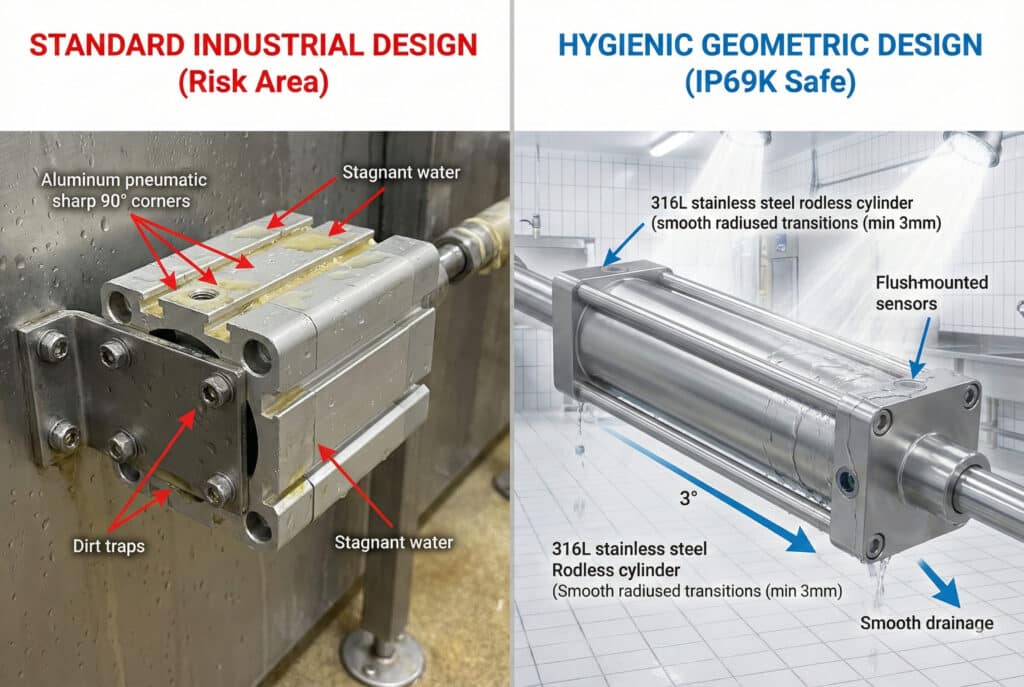 Poredana vizualizacija uporedne analize koja prikazuje utjecaj geometrijskog dizajna na higijenu u okruženju za preradu hrane. Lijevi panel prikazuje cilindar "Standardnog industrijskog dizajna" sa oštrim kutovima od 90° i pukotinama koje zadržavaju prljavštinu i stajaću vodu. Desni panel prikazuje cilindar bez klipa od nehrđajućeg čelika 316L sa higijenskim geometrijskim dizajnom, glatkim zaobljenim prijelazima i nagibom od 3°, koji aktivno otklanja vodu prilikom ispiranja, ilustrirajući ključne higijenske karakteristike.