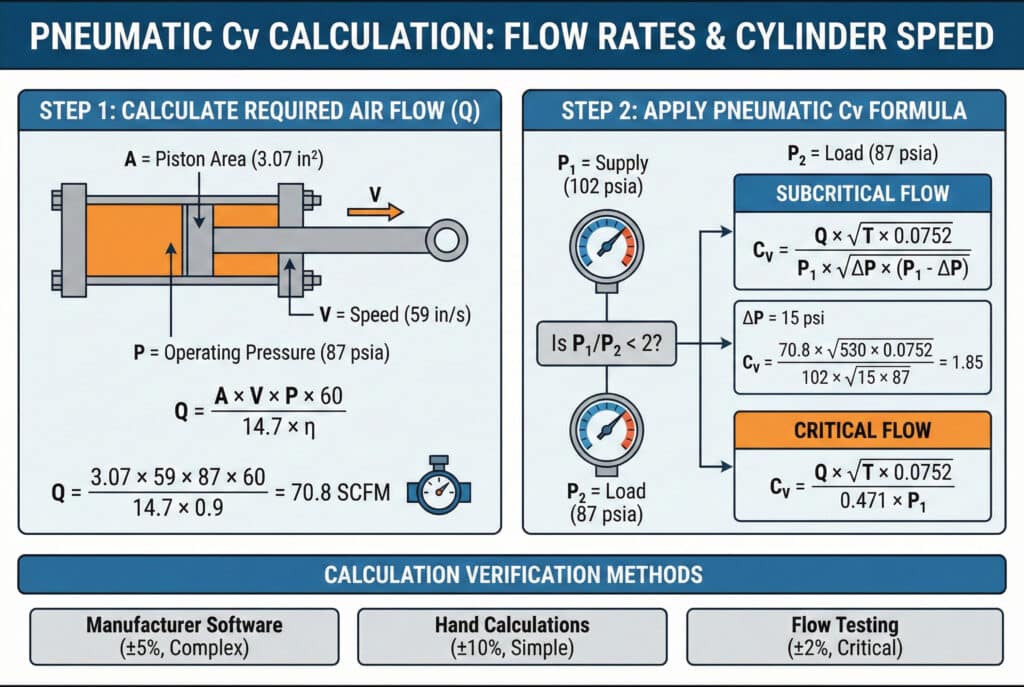 Detaljna tehnička infografika pod nazivom "PNEUMATSKA Cv KALKULACIJA: PROTOČNI KOTARCI I BRZINA CILINDRA". Lijevi panel prikazuje "KORAK 1: IZRAČUNATI POTREBAN PROTOK ZRAKA (Q)" sa dijagramom cilindra, formulom Q=(A×V×P×60)/(14.7×η) i primjerom izračuna koji daje Q=70,8 SCFM. Desni panel, "KORAK 2: PRIMJENITE PNEUMATSKU FORMULU ZA Cv", ilustrira proces donošenja odluke o subkritičnom naspram kritičnog protoka na osnovu odnosa pritisaka P₁/P₂, pružajući formule za oba. Uključuje primjer subkritičnog izračuna koji rezultira Cv=1,85. Donji odjeljak navodi "METODE VERIFIKACIJE IZRAČUNA" sa napomenama o tačnosti i primjeni.