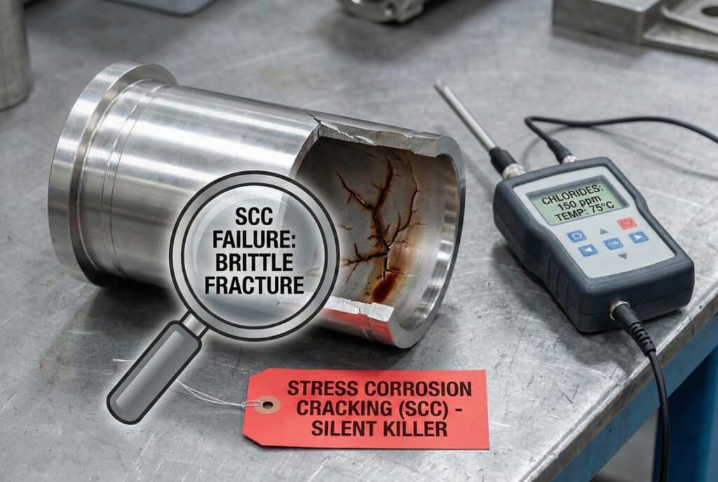 Una fotografia ravvicinata di un componente cilindrico in acciaio inossidabile fratturato su un banco da lavoro metallico. Una lente d'ingrandimento evidenzia le crepe interne, contrassegnate con la dicitura "GUASTO DA CORROSIONE SOTTO TENSIONE: FRATTURA FRAGILE". Un misuratore digitale accanto riporta la scritta "CLORURI: 150 ppm, TEMP: 75 °C". Un'etichetta rossa attaccata al pezzo riporta la scritta "STRESS CORROSION CRACKING (SCC) - SILENT KILLER" (CORROSIONE DA SOLLECITAZIONE (SCC) - KILLER SILENZIOSO)."