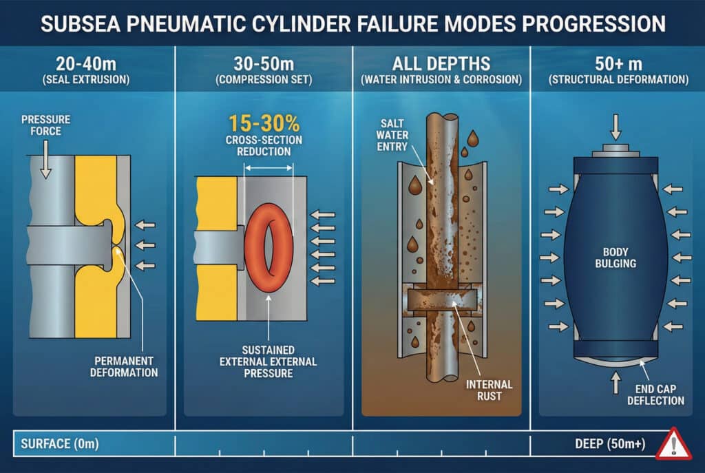 Infografika koja ilustruje napredovanje četiri načina otkaza kod podvodnih pneumatskih cilindara pri sve većim dubinama: istiskivanje brtve na 20–40 m, kompresioni ostanak na 30–50 m, prodiranje vode i korozija na svim dubinama te strukturna deformacija na 50+ m.