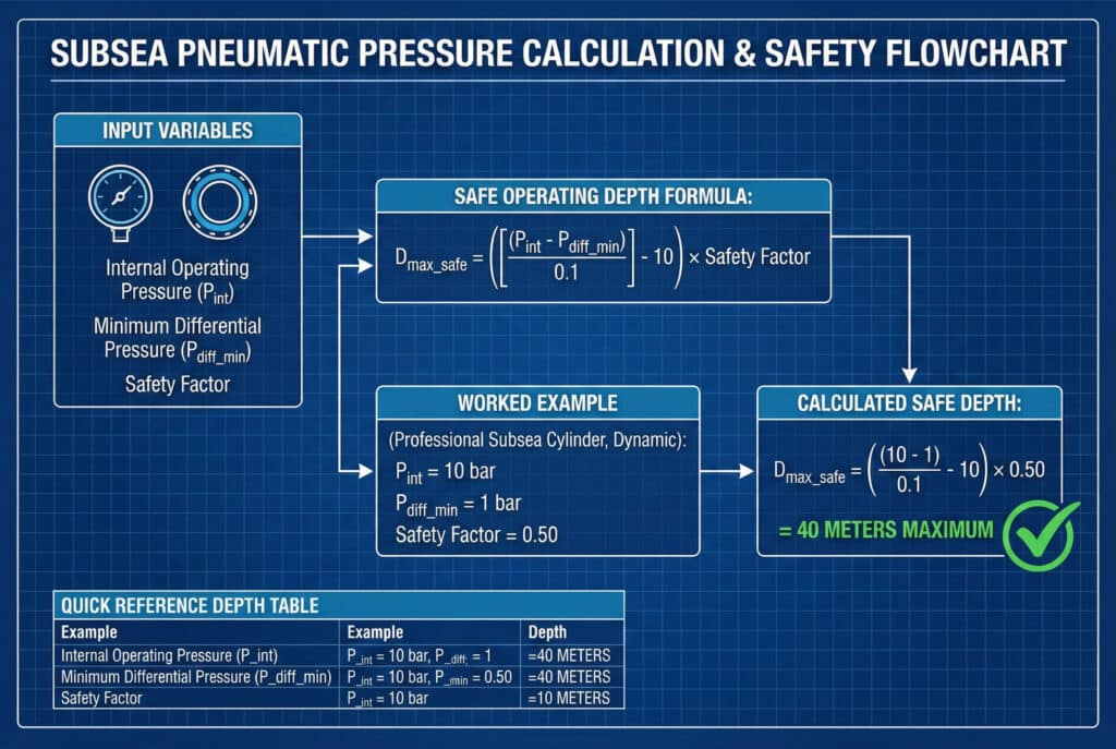 Tehnički dijagram toka koji ilustrira postupak korak po korak za izračunavanje sigurne radne dubine za podvodne pneumatske sisteme. Obuhvata ulazne varijable (unutrašnji pritisak, diferencijalni pritisak, faktor sigurnosti), eksplicitnu formulu za izračun, riješeni primjer za profesionalni cilindar koji rezultira sigurnim radnim ograničenjem od 40 metara, te tabelu brzog referenciranja dubine.