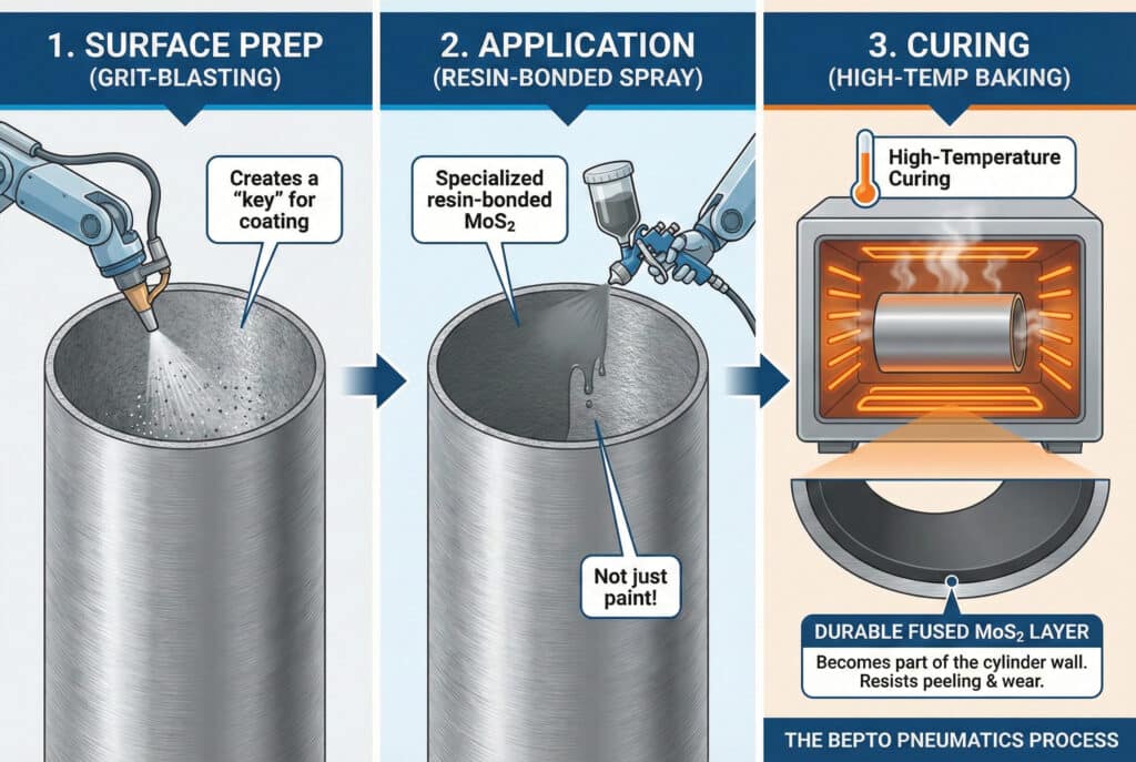 Infografika koja ilustrira "Bepto Pneumatics proces" za nanošenje MoS2 premaza. Korak 1 je "Priprema površine (pjeskarenje)" gdje robotska ruka hrapavi unutrašnjost cilindra kako bi stvorila "ključ". Korak 2 je "Nanošenje (raspršivanje vezane smole)" gdje robot prska "specijaliziranu MoS2 vezanu smolu", napominjući da to "nije samo boja!". Korak 3 je "Postrožavanje (pečenje na visokoj temperaturi)" koji prikazuje cilindar u pećnici visoke temperature, što rezultira "izdržljivim spojenim slojem MoS2" koji "postaje dio zida cilindra" i "otporan je na ljuštenje i habanje".
