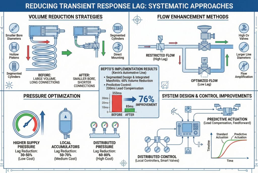 Detaljna tehnička infografika koja prikazuje sistematske pristupe za smanjenje transijentnog kašnjenja u pneumatskim sistemima. Dijagram je podijeljen na četiri strategije: smanjenje zapremine, poboljšanje protoka, optimizacija pritiska i poboljšanja dizajna i kontrole sistema, svaka sa specifičnim dijagramima i primjerima. Centralna studija slučaja ističe rezultate implementacije kompanije Bepto na automobilskoj liniji, pokazujući smanjenje kašnjenja od 76% (sa 353 ms na 85 ms) postignuto segmentiranim dizajnom i prediktivnom kontrolom.