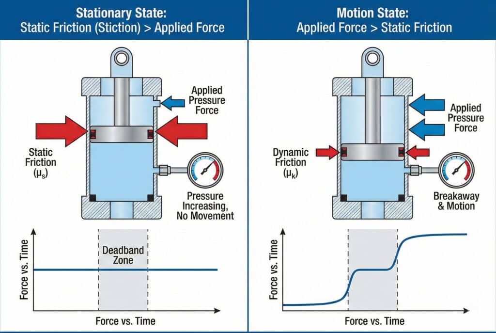 Tehnički dijagram s podijeljenim panelima pod nazivom "Mehanizam mrtve zone pneumatskog cilindra." Lijevi panel, "Stacionarno stanje," prikazuje poprečni presjek cilindra gdje su crvene strelice "Statički trenje (μs)" veće od plavih strelica "Primijenjene sile pritiska," što rezultira "Nema kretanja." Grafikon ispod prikazuje ravnu krivu sile unutar "Zone mrtvog hoda". Desni panel, "Stanje kretanja", prikazuje kako "Primijenjena sila pritiska" prelazi "Statički trenje", uzrokujući "Odvajanje i kretanje", a odgovarajući grafikon prikazuje nagli porast sile.