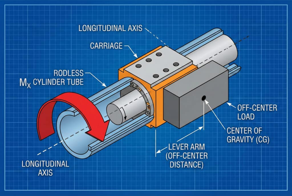 Tehnički dijagram koji ilustrira moment prevrtanja (Mx) na cilindru bez cijevi. Prikazuje vanosredišnje opterećenje na kolica koje stvara polužni moment, pri čemu crvena zakrivljena strelica označava torzionu silu oko uzdužne osi cilindra na pozadini tehničkog crteža.