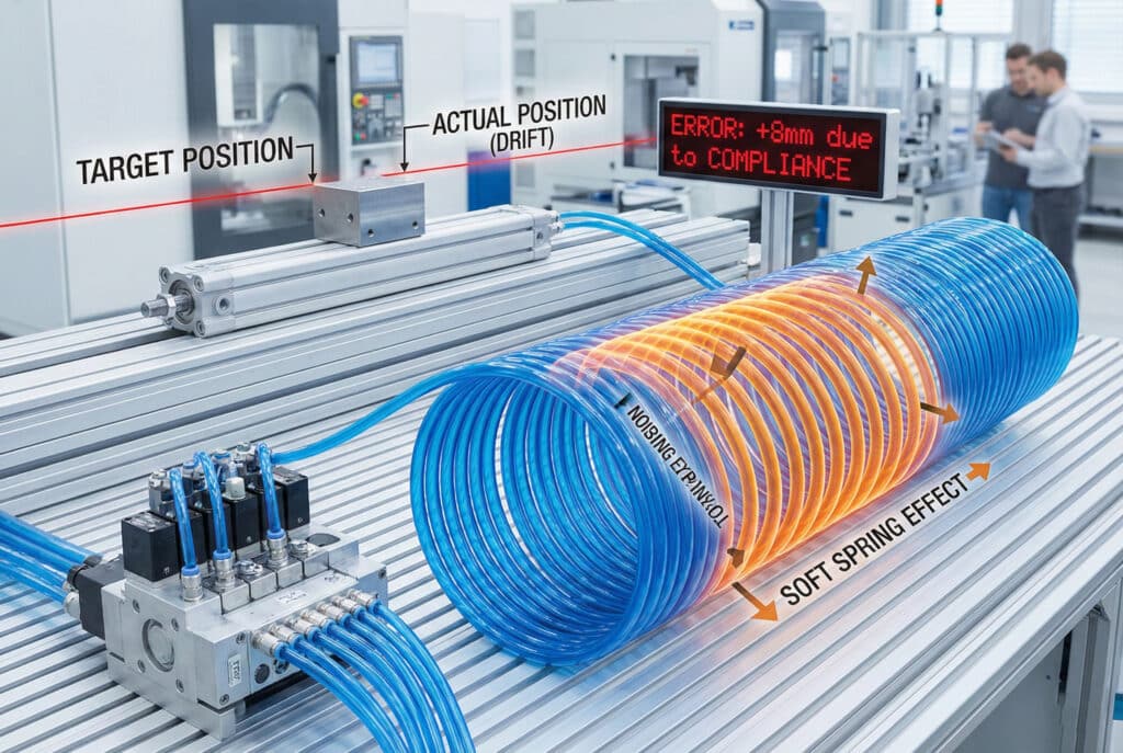 תרשים טכני ותמונה המראים כשל במערכת פנאומטית עקב גמישות הצינורות. צינור כחול ארוך ומפותל מכוסה בגרפיקה של קפיץ כתום זוהר שכותרתו "אפקט קפיץ רך" וחצים המציינים התרחבות. גמישות זו גורמת לעומס צילינדר ללא מוט לחרוג מקו הלייזר האדום "מיקום היעד" שלו, ולהיעצר ב"מיקום בפועל (סטיה)". קריאה דיגיטלית מאשרת את השגיאה: "ERROR: +8mm due to COMPLIANCE" (שגיאה: +8 מ"מ עקב גמישות)."