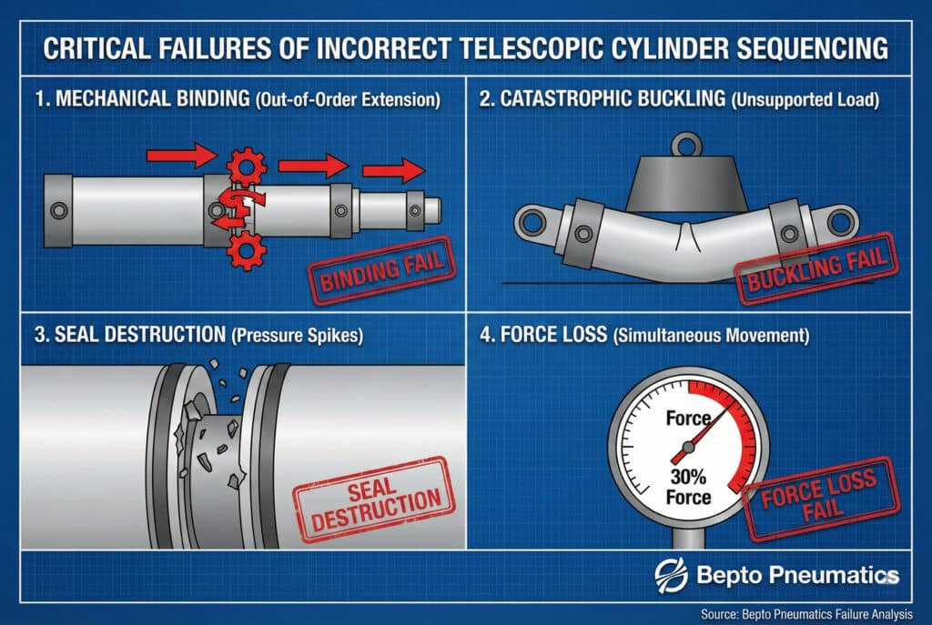 อินโฟกราฟิกเชิงเทคนิคบนพื้นหลังแบบพิมพ์เขียวที่มีหัวข้อว่า "ความล้มเหลวที่สำคัญจากการเรียงลำดับกระบอกสูบแบบยืดหดผิดวิธี" มันแสดงให้เห็นถึงรูปแบบความล้มเหลวที่แตกต่างกันสี่แบบพร้อมตราประทับความล้มเหลวสีแดง: 1. การยึดติดเชิงกลที่แสดงให้เห็นถึงเฟืองที่ติดขัด; 2. การโก่งตัวแบบวิกฤติที่แสดงให้เห็นกระบอกสูบที่งอภายใต้แรงกด; 3. การทำลายซีลที่แสดงให้เห็นถึงซีลที่แตกจากการกระชากแรงดัน; และ 4. การสูญเสียแรงที่แสดงให้เห็นถึงมาตรวัดที่อ่านค่าได้เพียง 30% เนื่องจากมีการเคลื่อนที่พร้อมกัน.