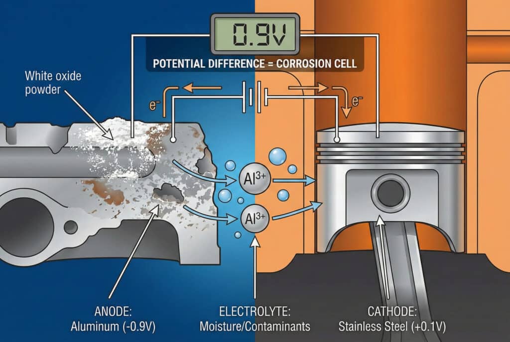 Tehnički dijagram koji ilustrira elektrohemijski proces galvanske korozije u cilindru motora. Prikazuje korozirajuću aluminijsku anodu s bijelim oksidnim prahom i udubljenjima, povezanu elektrolitom (vlagom) s zaštićenom katodom od nehrđajućeg čelika. Voltmetar pokazuje razliku potencijala od 0,9 V, a strijele prikazuju tok elektrona i aluminijskih iona, demonstrirajući efekt baterije "korozijske ćelije".