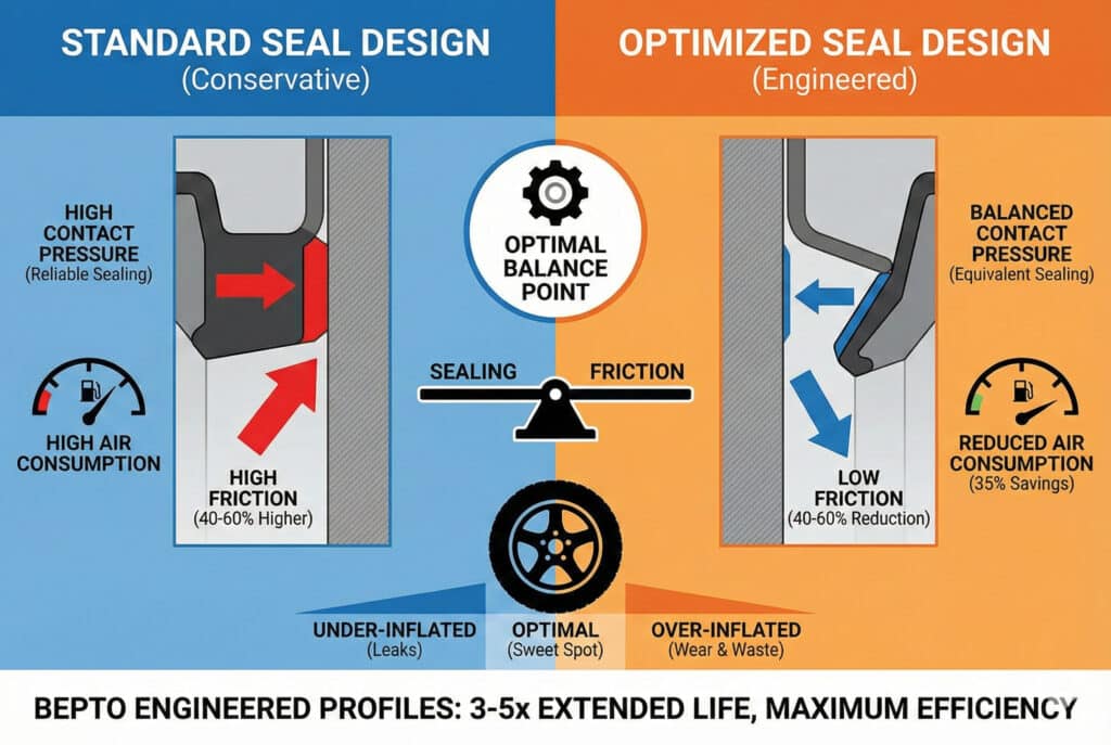 Tehnička infografika koja upoređuje "Standardni dizajn brtve" i "Optimizirani dizajn brtve". Lijeva ploča (plava) prikazuje debeli profil brtve s visokim kontaktnim pritiskom, velikim trenjem i velikom potrošnjom zraka. Desna ploča (narančasta) prikazuje projektovani, tanji profil s uravnoteženim kontaktnim pritiskom, niskim trenjem i smanjenom potrošnjom zraka za 35%. Centralna vaga i analogija s gumom ilustriraju "Optimalnu tačku ravnoteže" između brtvljenja i trenja.