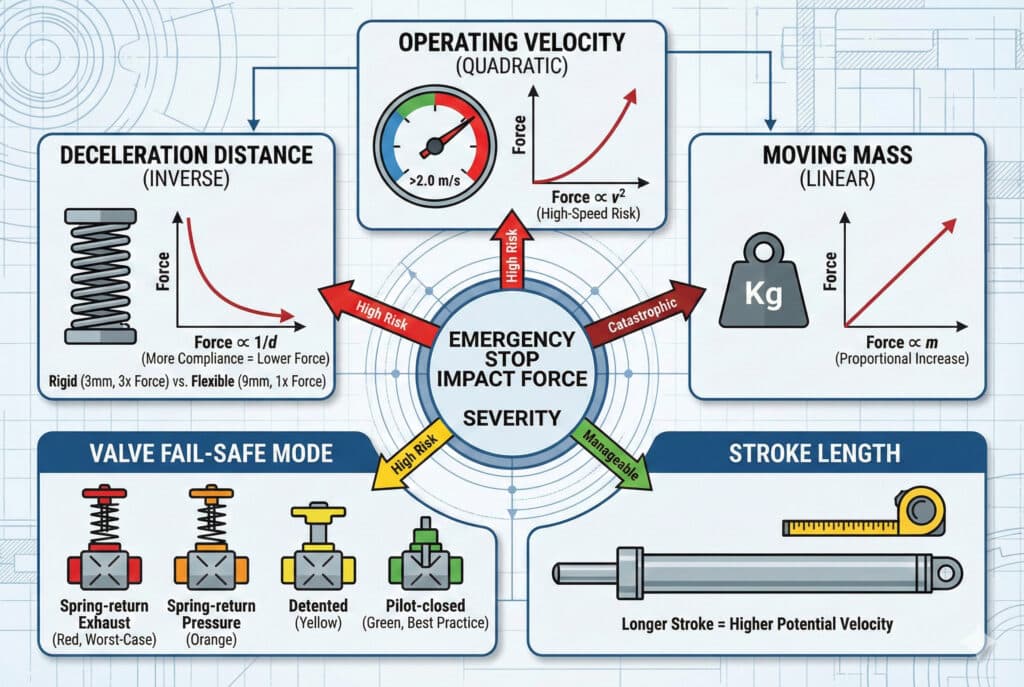 Infografika pod nazivom "TEŽINA UTICAJA SILE PRI SILOVANOM ZAUSTAVLJANJU" koja razlaže pet ključnih faktora. Centralno čvorište povezano je s panelima za: "RADNA BRZINA (KVADRATIČNA)", koja prikazuje brzinomjer i grafikon gdje se sila povećava s kvadratom brzine, označeno kao "Visok rizik"; "POKRETNA MASEN (LINEARNO)", koja prikazuje vagu i grafikon gdje se sila povećava proporcionalno s masom, označeno kao "KATASTROFALNO"; "RAZDAVNOST Usporavanja (INVERZNO)", uspoređujući krutu (3 mm, Visok rizik) i fleksibilnu (9 mm) montažu s grafikonom koji pokazuje da se sila smanjuje s udaljenosti; "SIGURNOSNI REŽIM ZA VENTILE", u kojem se uspoređuju četiri tipa ventila i pri čemu se "izduvni ventil s oprugom" označava kao najgori slučaj s "Visokim rizikom", a "pilot-zatvoreni" kao "Najbolja praksa"; te "DUŽINA HODANJA", koja ukazuje da duži hodovi omogućavaju veće potencijalne brzine, s oznakom "Upravljivo". Cijela tabela je postavljena na plavo-crni pozadinski sloj.