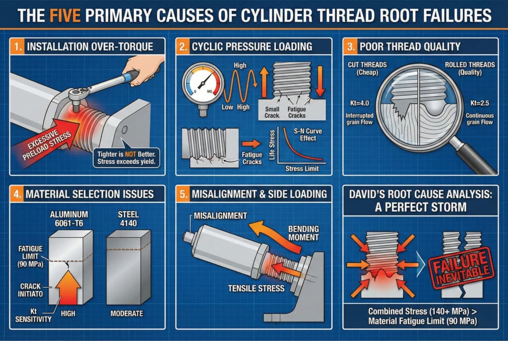 อินโฟกราฟิกที่ครอบคลุมซึ่งแสดงสาเหตุหลักห้าประการของความล้มเหลวของรากเกลียวกระบอกสูบ แผงแยกห้าแผงแสดงรายละเอียด: 1) การติดตั้งด้วยแรงบิดเกินที่นำไปสู่การกดทับมากเกินไป; 2) การโหลดแรงดันเป็นวัฏจักรที่ทำให้เกิดรอยร้าวจากความล้า; 3) คุณภาพเกลียวที่ไม่ดีพร้อมรากเกลียวที่แหลมคม (Kt=4.0) เทียบกับเกลียวที่ม้วน (Kt=2.5);4) ปัญหาการเลือกวัสดุโดยเปรียบเทียบขีดจำกัดความล้าของอะลูมิเนียมที่ต่ำกว่าเหล็ก; และ 5) การไม่ตรงแนวที่เพิ่มโมเมนต์ดัด แผงสรุปสุดท้ายที่มีชื่อว่า "การวิเคราะห์สาเหตุรากฐานของเดวิด: พายุที่สมบูรณ์แบบ" แสดงให้เห็นว่าความเค้นรวมจากทุกปัจจัยเกินขีดจำกัดความล้าของวัสดุ ทำให้ความล้มเหลวเป็นสิ่งที่หลีกเลี่ยงไม่ได้.
