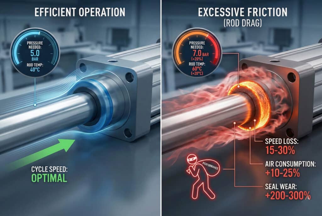 Tehnička infografika koja poredi "Efikasno djelovanje" i "Prekomjerno trenje (vučenje klipa)" kod pneumatskog cilindra. Lijeva strana prikazuje rashlađeni cilindar plave boje sa optimalnim pokazivačima performansi. Desna strana prikazuje crveni cilindar sa visokim trenjem i pokazivačima koji pokazuju povećan pritisak (+20%) i temperaturu (+20°C). Ikona "kradljivca" krade performanse, ističući podatke o gubitku brzine (15-30%), potrošnji zraka (+10-25%) i habanju brtvi (+200-300%).