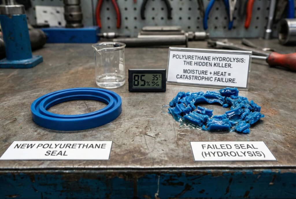 Fotografija koja uspoređuje novu, netaknutu plavu poliuretansku brtvu na radnom stolu s neuspjelom, raspadnutom i ljepljivom brtvom koja je podlegla hidrolizi. Natpis objašnjava kvar kao "HIDROLIZA POLIURETANA: SKRIVENI UBICA. VLAŽNOST + TOPLINA = KATASTOFA", pored higrometra koji pokazuje vlažnost od 85% i 35 °C.