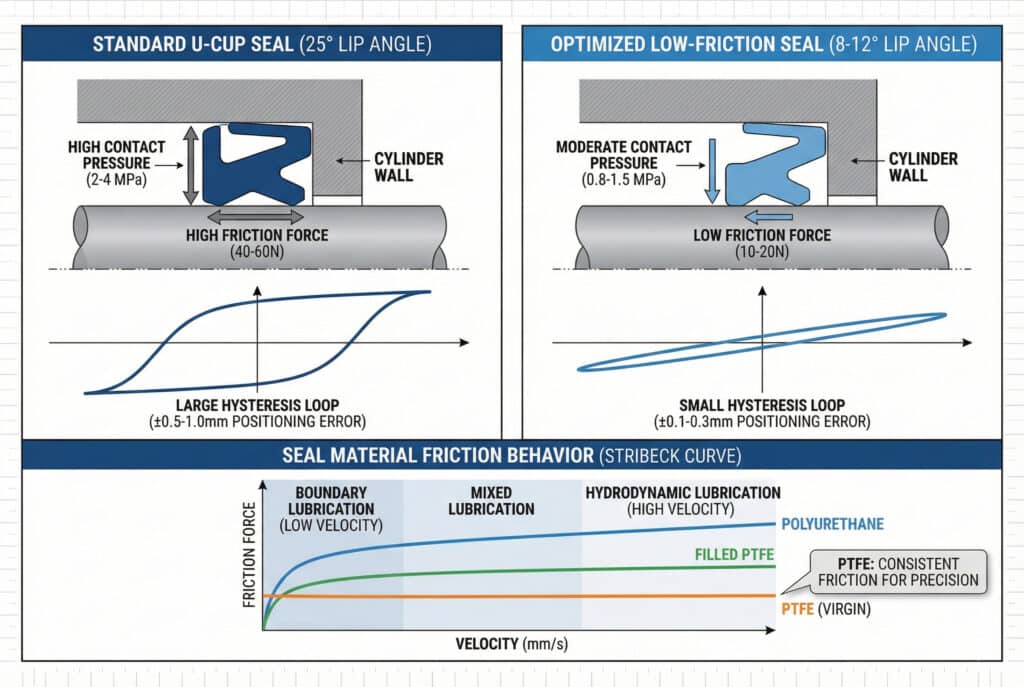 Detaljna infografika koja upoređuje dizajne i materijale pneumatskih brtvila. Gornji dio kontrastira "standardno U-brtvilu" (visok kontaktni pritisak, velika petlja histereze) sa "optimiziranim brtvilom s niskim trenjem" (niži kontaktni pritisak, mala petlja histereze), prikazujući poprečne presjeke i grafove sile u odnosu na položaj. Donji dio, grafikon "Stribeckove krivulje", ilustrira kako se sila trenja mijenja s brzinom za poliuretan, punjeni PTFE i PTFE (djevičanski), ističući dosljedne karakteristike trenja PTFE-a.