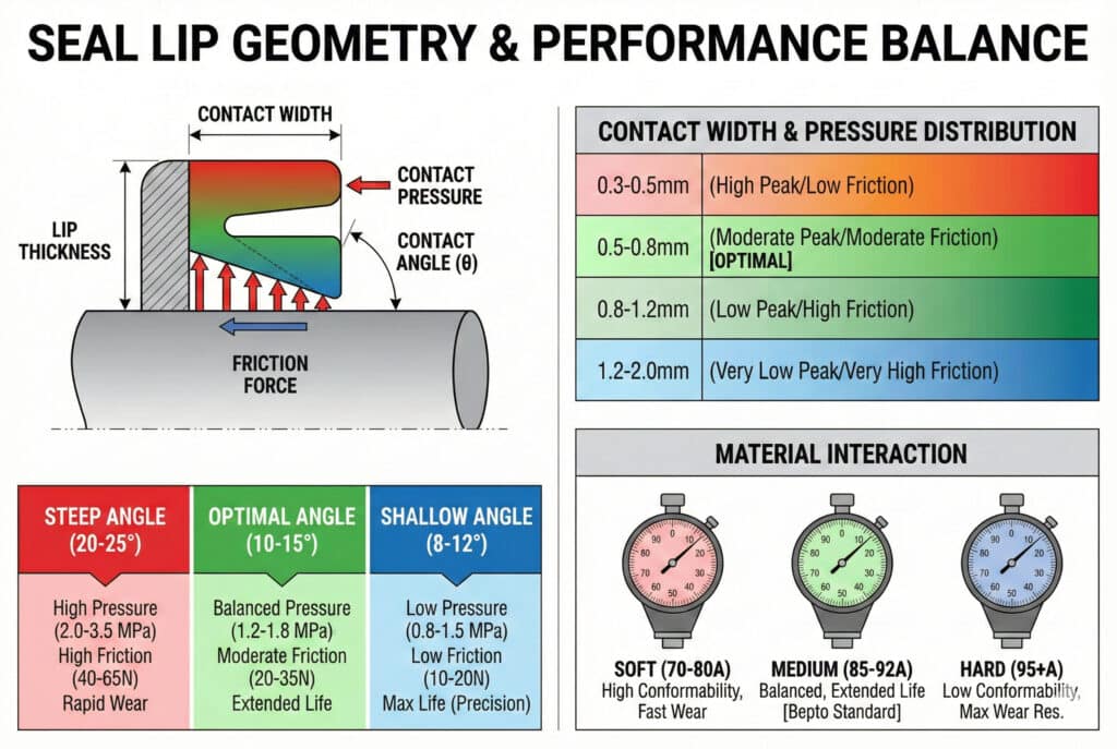 Sveobuhvatna tehnička infografika koja ilustrira geometrijske parametre usne brtve i njihov utjecaj na performanse. Gornji lijevi kut prikazuje dijagram usne brtve s oznakama za "Debljinu usne", "Širinu kontakta" i "Kontaktni kut (θ)", uz prikaz "Kontaktnog pritiska" i "Sile trenja". Tabela s kodiranim bojama s desne strane detaljno prikazuje "Širinu kontakta i raspodjelu pritiska", ističući 0,5–0,8 mm kao optimalno. Ispod se nalaze odjeljci o efektima "Uglova kontakta" (strm, optimalan, plitak) i "Interakcije materijala" (mek, srednji, tvrd), svaki s pripadajućim parametrima performansi poput pritiska, trenja i habanja te njihovim specifičnim rasponima.
